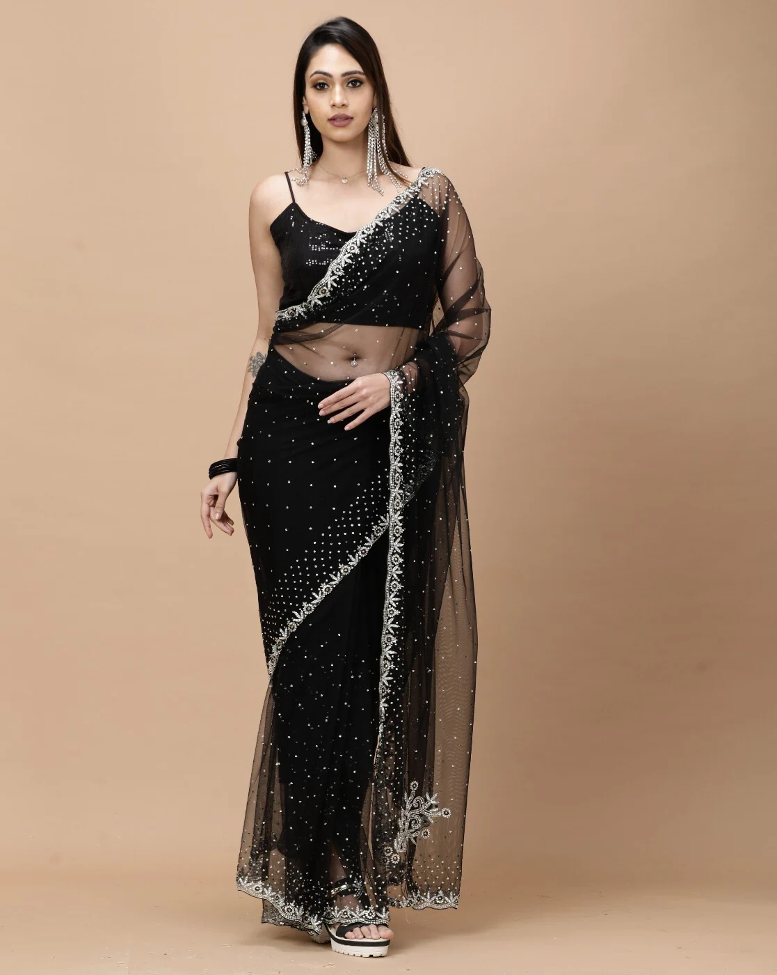 1117Wx1400H-467217683-black-MODEL2.webp Women Embellished Saree with Lace Border - Image 1