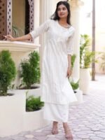 White Woven Design Cotton Kurta - Image 2
