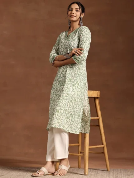 Green Printed Cotton Straight Kurta
