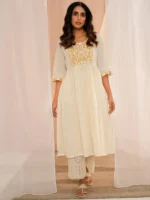 Off White Yoke Design Cotton A-Line Kurta