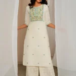 Off White Embroidered Cotton Straight Kurta