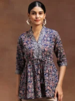 Blue Printed Cotton A-Line Kurti - Image 2
