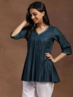 Green Solid Rayon A-line Kurti - Image 2