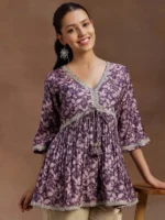 Purple Printed Silk Blend A-line Kurti - Image 2