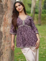 Purple Printed Silk Blend A-line Kurti