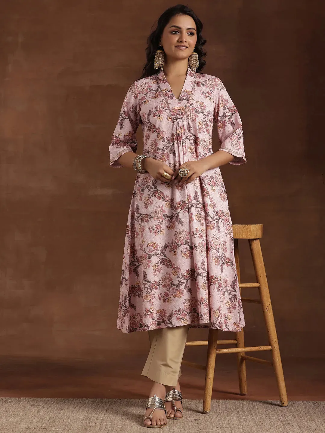 29222_3.webp Pink Printed Cotton A-Line Kurta - Image 1
