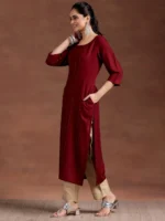 Red Woven Design Rayon Straight Kurta - Image 3