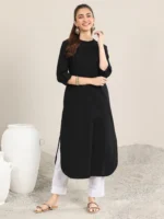 Black Solid Cotton Straight Kurta - Image 3