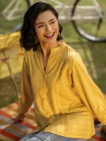 Yellow Woven Design Cotton Blend Straight Short Kurti - Image 2