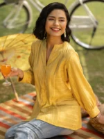 Yellow Woven Design Cotton Blend Straight Short Kurti