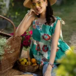 Green Printed Cotton Anarkali Short Kurti