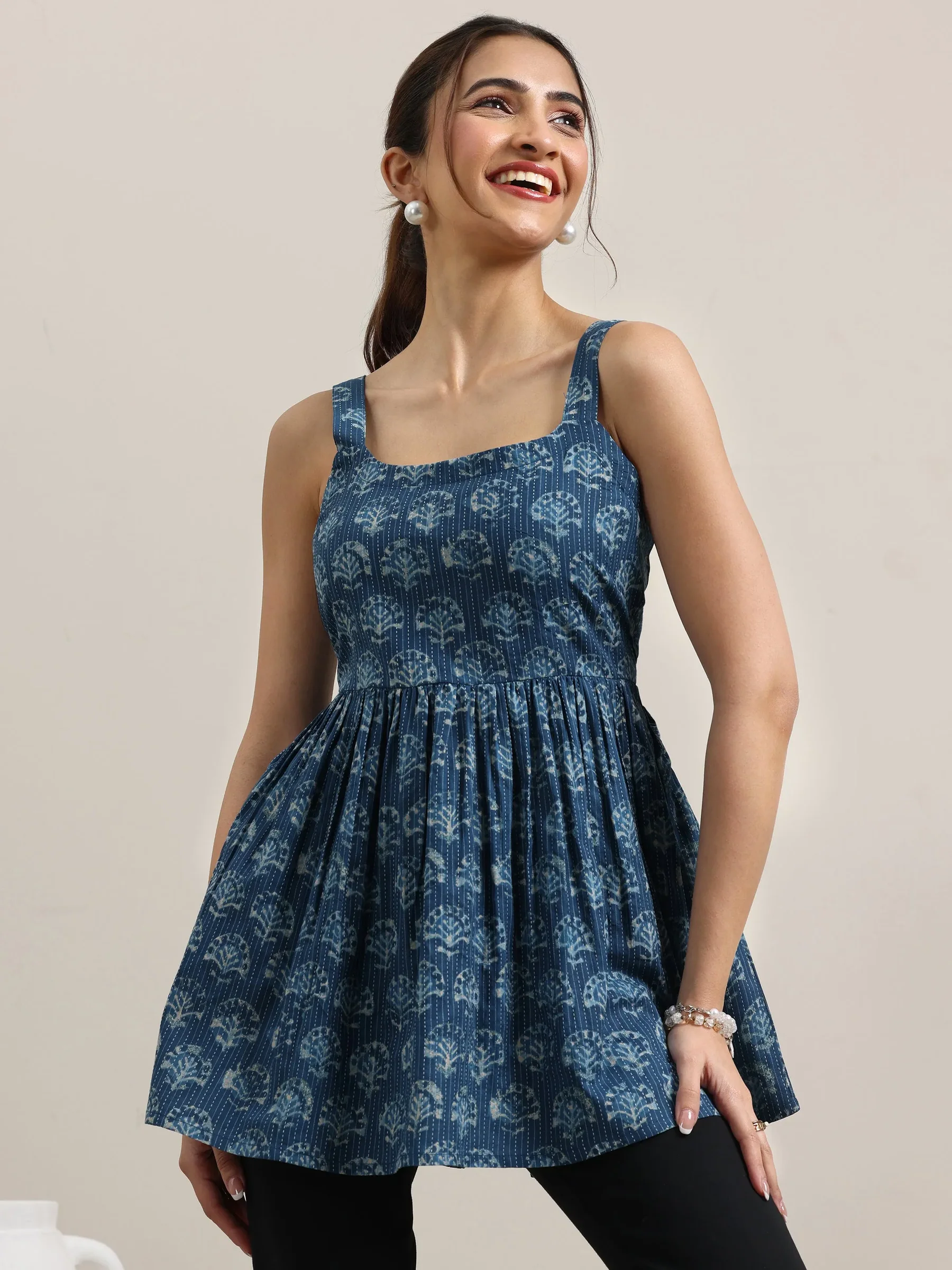 29392O_5Main.webp Blue Printed Cotton Anarkali Kurti - Image 1