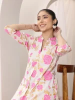 Pink Printed Cotton Blend Straight Kurta - Image 3