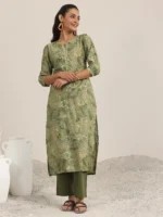 Green Printed Silk Blend Straight Kurta - Image 4