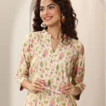 Beige Printed Silk Blend Straight Kurta