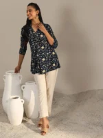 Blue Printed Rayon Straight Short Kurti - Image 3