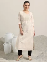 Off White Embellished Cotton Straight Kurta - Image 4