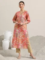 Peach Printed Silk Blend Straight Kurta