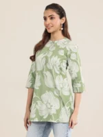 Green Printed Cotton Straight Short Kurti - Image 2