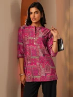Pink Printed Silk Blend Straight Short Kurti