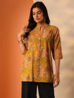 Mustard Printed Silk Blend Straight Short Kurti - Image 4