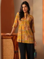 Mustard Printed Silk Blend Straight Short Kurti
