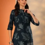 Blue Printed Silk Blend Straight Short Kurti