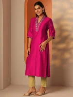 Pink Embellished Silk Blend Straight Kurta - Image 2