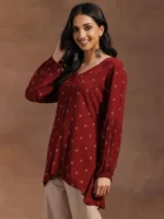 Maroon Woven Design Viscose Rayon A-line Kurti - Image 3