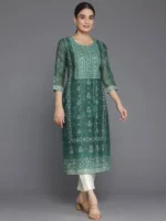 Green Printed Chanderi Silk Straight Kurta - Image 2