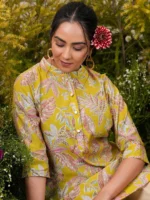 Yellow Printed Silk Blend A-Line Kurti - Image 4