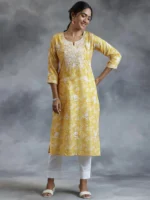 Yellow Embroidered Cotton Straight Kurta - Image 2