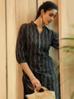 Black Woven Design Cotton Straight Kurta - Image 4