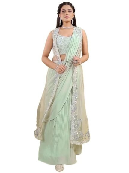 Ready to Wear Saree with Shrug Jacket for Women | Georgette One Minute Saree with Stitched Blouse | Stylish Saree Gown for Weddings and Festive Celebrations