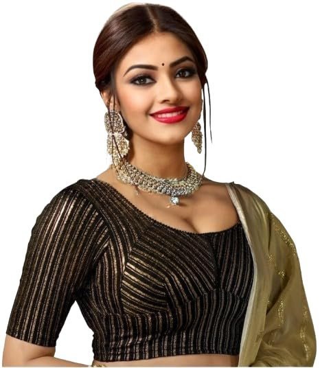 51RwjJgay3L.jpg Jacquard Striped Stretchable Fit & Comfy Round Neck Half Sleeve Readymade Saree Blouse Stylish Crop Top Choli for Girls & Women - Image 1