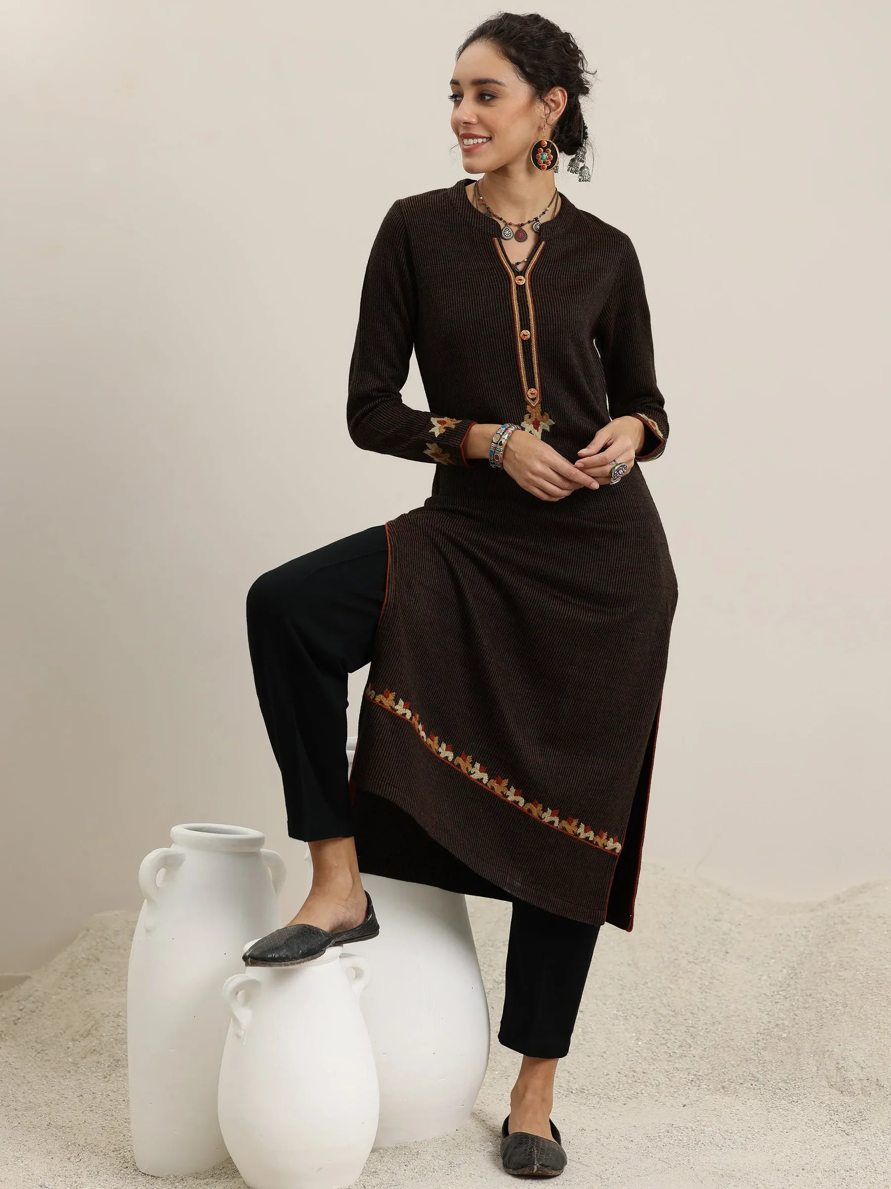 58150W_1.webp Black Embroidered Wool Straight Kurta - Image 1