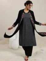Black Embroidered Wool Straight Kurta - Image 2