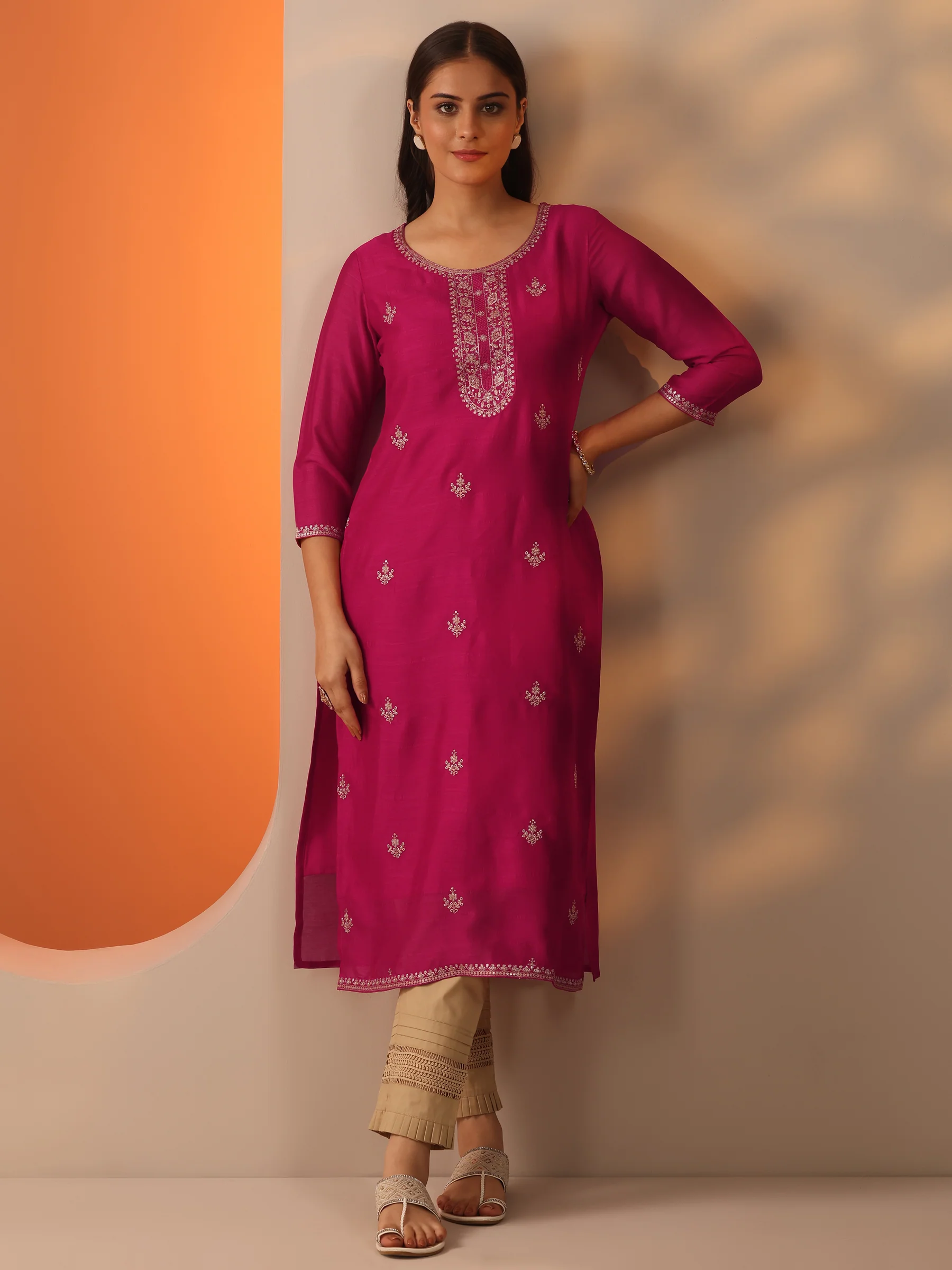 58265_6Main-1.webp Pink Embroidered Silk Blend Straight Kurta - Image 1