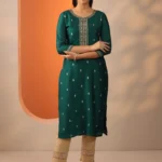 Green Embroidered Silk Blend Straight Kurta
