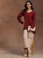 Maroon Woven Design Viscose Rayon A-line Kurti - Image 2