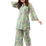 Women's Trendy Printed Cotton Blend Straight Light Green Color Kurta and Palazzo Set