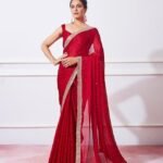 Women's Satin Chiffon All Over Fix Diamond With Lace Work Saree With Matching Unstitched Blouse Piece