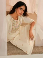Off White Embroidered Cotton Straight Kurta - Image 4
