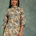 Beige Printed Silk Blend A-Line Kurti