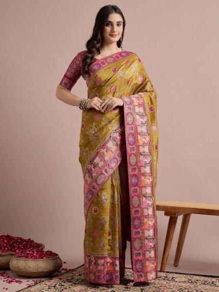 Mustard Woven Viscose Saree with Unstitched Blouse
