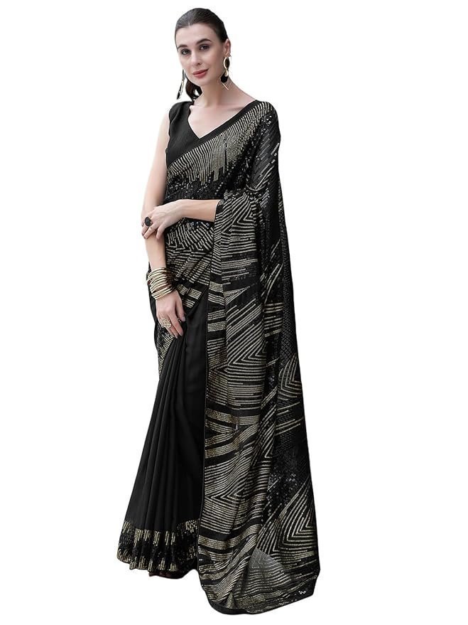 71EKvQED8L._SY879_.jpg Women's Georgette Sequence Work Saree with Unstitched Blouse Piece - Image 1