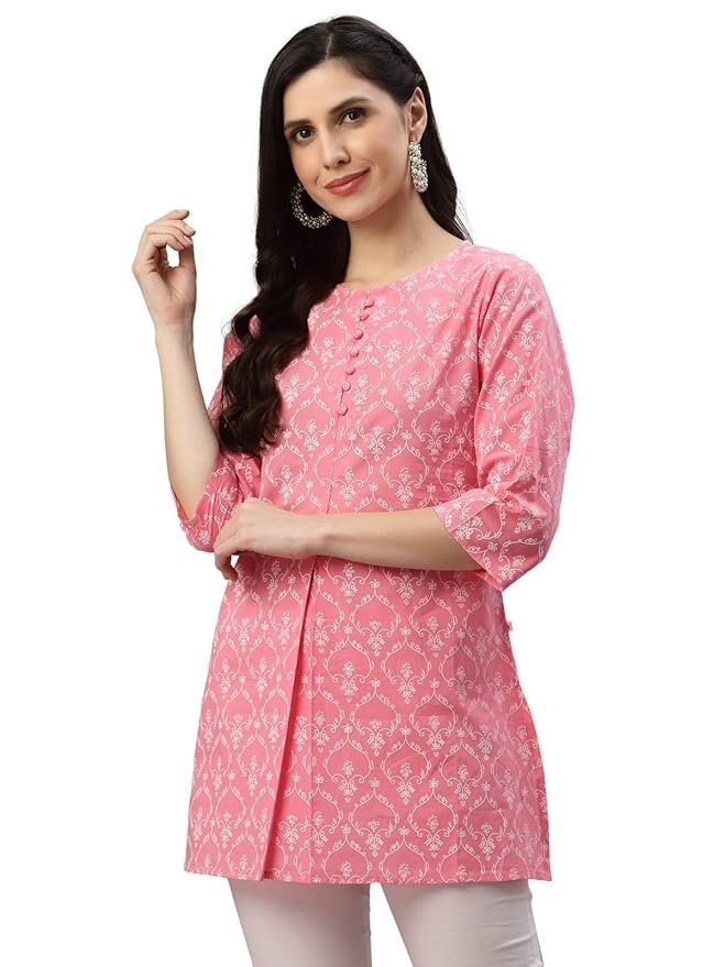 71UuO3hoOGL._SY879_.jpg Women's Cotton Floral Printed Short Kurta for Women - Image 1