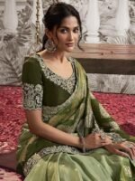 Women's Jacquard Silk Embroidery border work Saree with Heavy work Unstitch Blouse Piece - Image 3