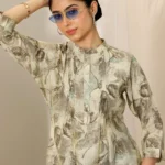 Beige Printed Silk Blend Straight Short Kurti