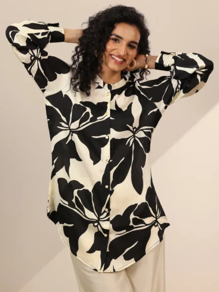 Off White Printed Silk Blend Straight Tunic